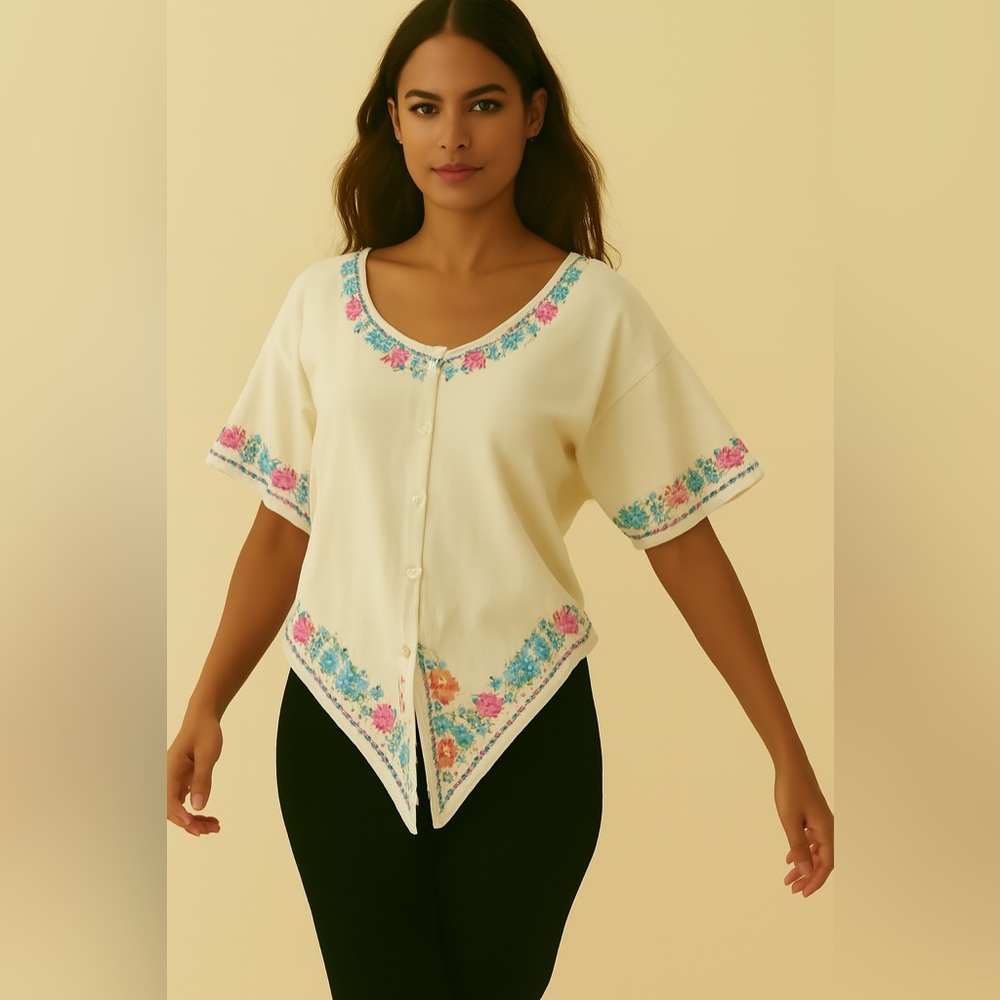 NWT Floral Hand-Embroidered 100% Cotton Button-Up Top